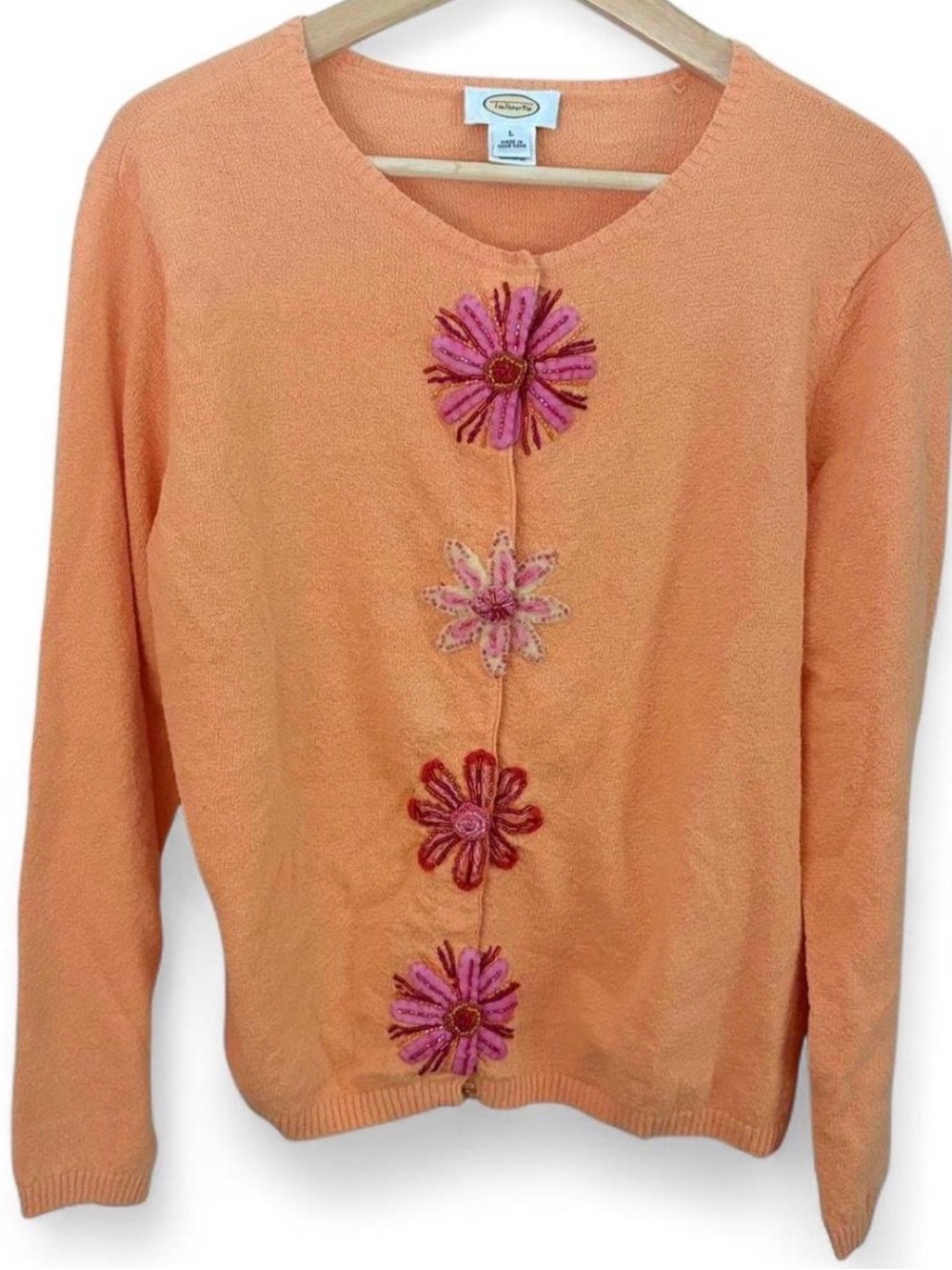 Y2K Talbots Cotton Pastel Orange Snap Cardigan with Wool Floral Appliqué